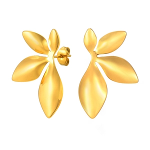 18K gold plated stainless steel four-leaf stud earrings with natural texture on white background