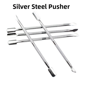Close-up of four silver stainless steel cuticle pushers with knurled non-slip handles