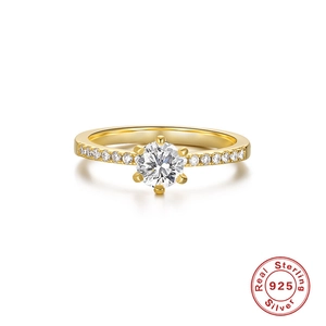 Classic S925 sterling silver four-prong engagement ring with gold finish and sparkling diamonds