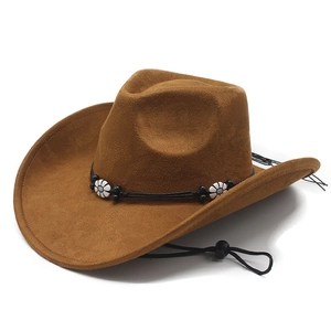 Chapeau de cowboy classique en daim marron avec ruban tressé et mentonnière ajustable