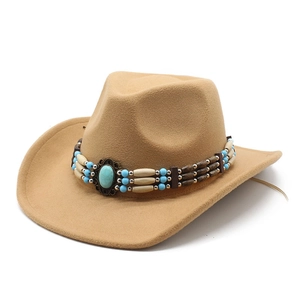 Chapeau de cowboy kaki classique avec bandeau perlé bohème et pierre turquoise bleue
