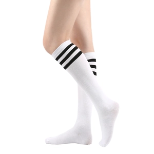 Detail of white knee-high socks with three black stripes in Japanese JK school style.