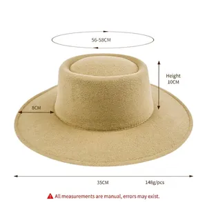 Sombrero Fedora clásico de fieltro de lana camel con ala plana y talla de 56-58 cm