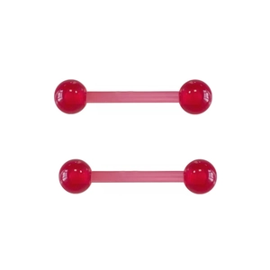 Detail of red transparent acrylic heart-shaped nipple rings with double ball barbell