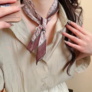 Retro paisley pattern silk scarf necklace with brown and khaki printed fabric for women