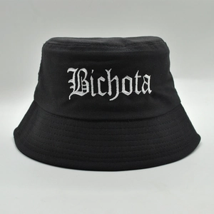 Close-up of white Bichota cursive embroidery on high-quality black cotton bucket hat