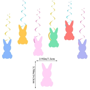 Colorful Easter bunny hanging decorations with swirl ribbons and size dimensions