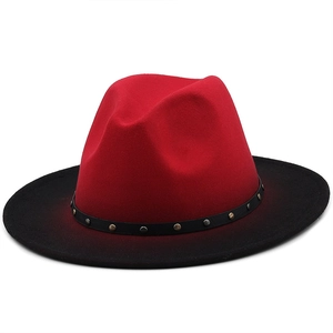 Classic wide brim gradient red and black wool fedora hat with metal studded band