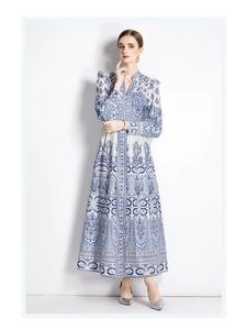 Detail of V-neck and button closure on vintage floral print maxi dress with lantern sleeves