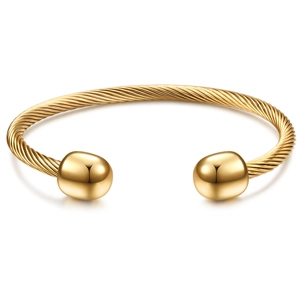 Minimalist gold stainless steel C-shaped cable twisted open bangle with sphere end caps