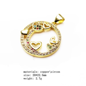 Detail of copper zircon pendant with hollow heart and colorful gems, 20x22.5mm size
