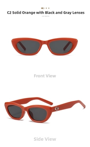 Detailansicht der orange-roten Cateye-Sonnenbrille mit grauen Gläsern von vorne und der Seite