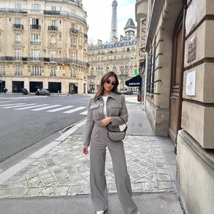 Giacca Corta E Pantaloni Gamba Larga Vita Alta Donna Poliestere Tessuto Ufficio Streetwear Moda Chic Abbigliamento