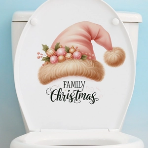 Sticker de toilette bonnet de Noël rose avec texte Family Christmas sur fond bleu clair