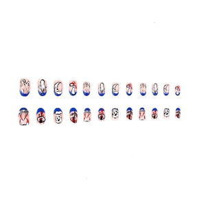 Detail of 24pcs nude almond press-on nails with blue tips and mushroom eye patterns