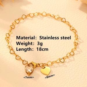 Minimalist gold heart link stainless steel bracelet with zircon and heart charms