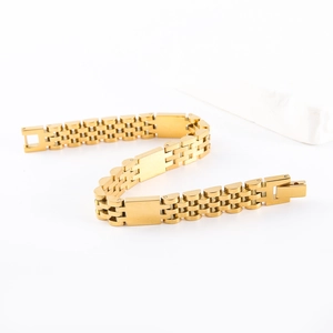 Chunky gold watch-strap link bracelet in polished stainless steel for men and women