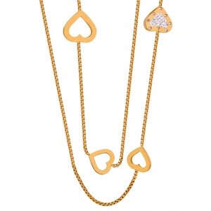 Golden double-layer heart necklace with cubic zirconia pendants and box chain design