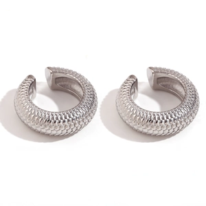 Polished silver C-shaped ear cuffs with scale pattern texture for women