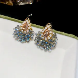 Boucles d'oreilles vintage en cristal goutte d'eau avec perles bleues et dorées