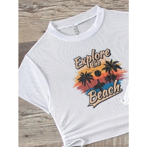 Detailed view of white mesh beach top with Explore the Beach print and drawstring sides