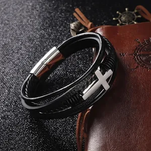 Men's multilayer black braided leather bracelet with stainless steel cross and magnetic clasp
