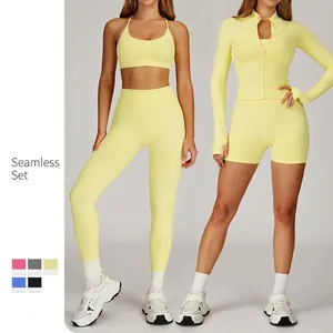 Ensemble de Yoga Sans Couture pour Femmes Top And Bottom Côtelé Haute Élasticité Fitness Course Gym Entraînement Sportif Respirant