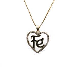 Gold heart pendant necklace with zircon border and Fe lettering on white background