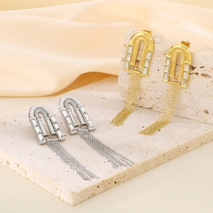 Boucles Oreilles Pendantes Gland Arche Géométrique Acier Inoxydable Chaîne Longue Zircon Rectangulaire Bijoux Femme
