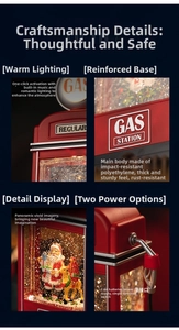 Detailed views of red vintage gas station music box with LED lights and battery compartment