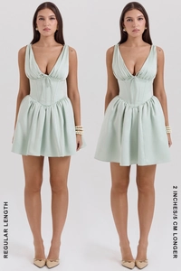 Comparison showing regular and 5cm longer length options of the mint green V-neck mini dress