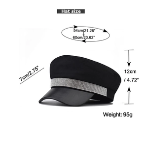 Detail view of black military cap showing rhinestone band and size dimensions