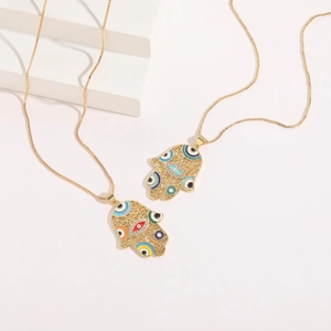 14K gold plated Hand of Fatima necklaces with colorful enamel evil eye and zircons
