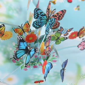 Close-up of intricate 3D pop-up card featuring colorful paper butterflies and flowers