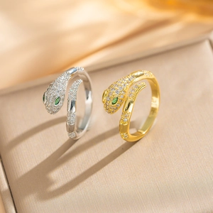 Snake Ring Adjustable Copper Gold Plated Micro Inlaid Zircon Green Eyes Animal Shape Jewelry Gift For Women