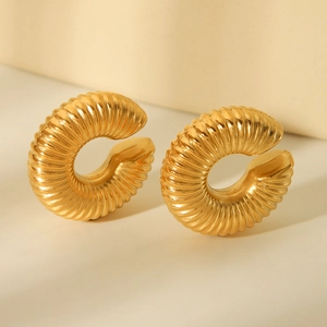Modern gold-plated hollow spiral C-shaped earrings with textured metallic finish