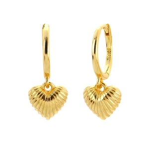 Heart Drop Huggie Hoop Earrings 925 Sterling Silver With Shell Ribbed Texture Vintage Gold Plated Jewelry For Women