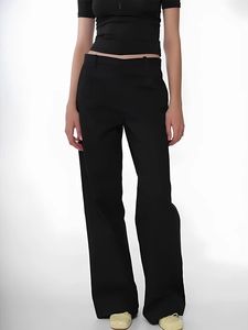 Retro low-waist black wide-leg trousers with a loose fit and elegant drape for women