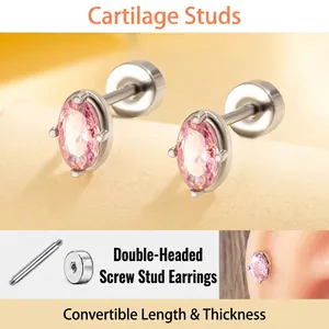 Pink Oval Cubic Zirconia Helix Piercing Stud Titanium Steel Ear Cartilage Jewelry Double Head Screw Flat Back For Women