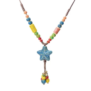 Bohemian ceramic necklace with colorful beads and a blue starfish pendant on brown cord