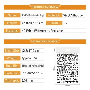 0.5 inch script letter stickers specifications showing vinyl material and waterproof features