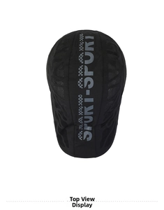 Top view of a breathable black sports beret featuring mesh fabric and SPURI lettering