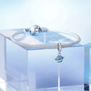 S925 sterling silver planet charm bracelet with purple enamel Saturn pendant detail