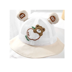 Cute bear and apple embroidered baby sun hat with breathable mesh and animal ears