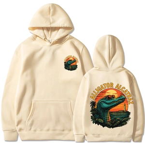 Beige alligator alcatraz hoodie with colorful front and back graphic prints