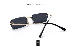 Detail of rimless rectangle sunglasses with 180 degree flexible metal hinges