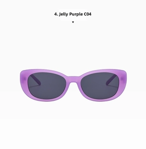 Detail of Jelly Purple C04 translucent cat-eye sunglasses with UV400 protective dark lenses