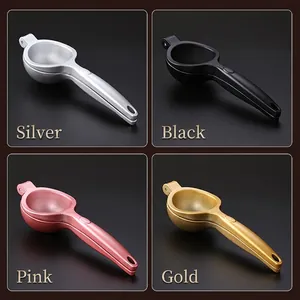 Manual zinc alloy lemon squeezer shown in silver, black, pink, and gold color options