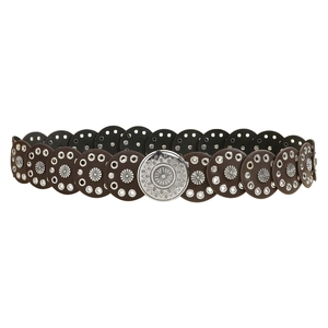 Vintage bohemian brown leather belt with silver floral discs in a western Y2K aesthetic