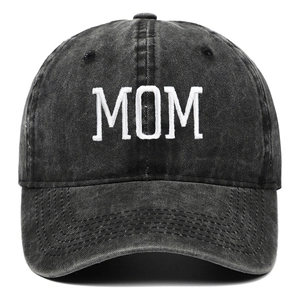 Vintage washed black cotton baseball cap with white MOM embroidery on the front